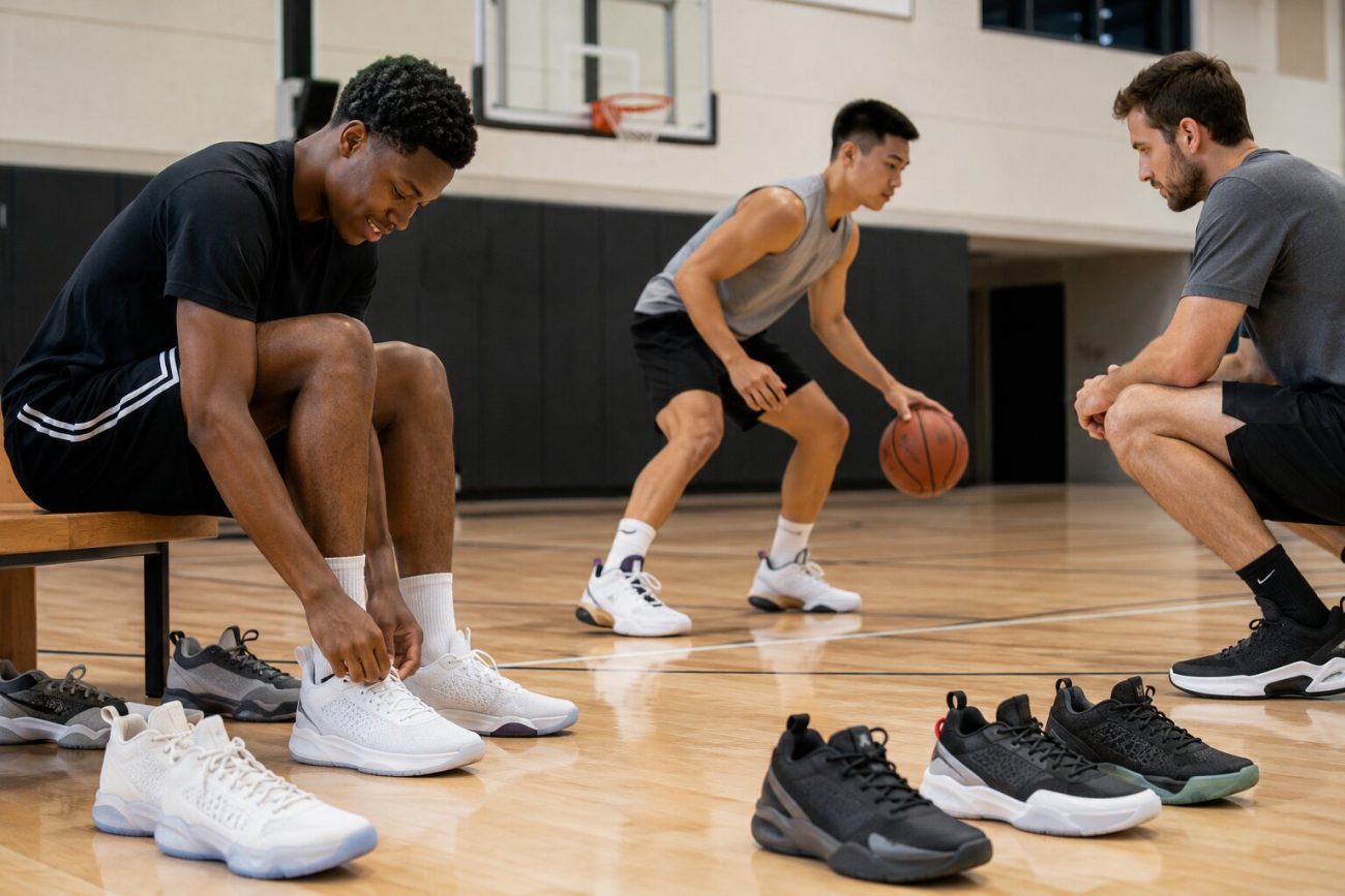 A player testing the fit and traction of basketball shoes