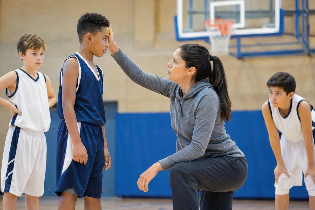 A coach checking a player after a possible head injury