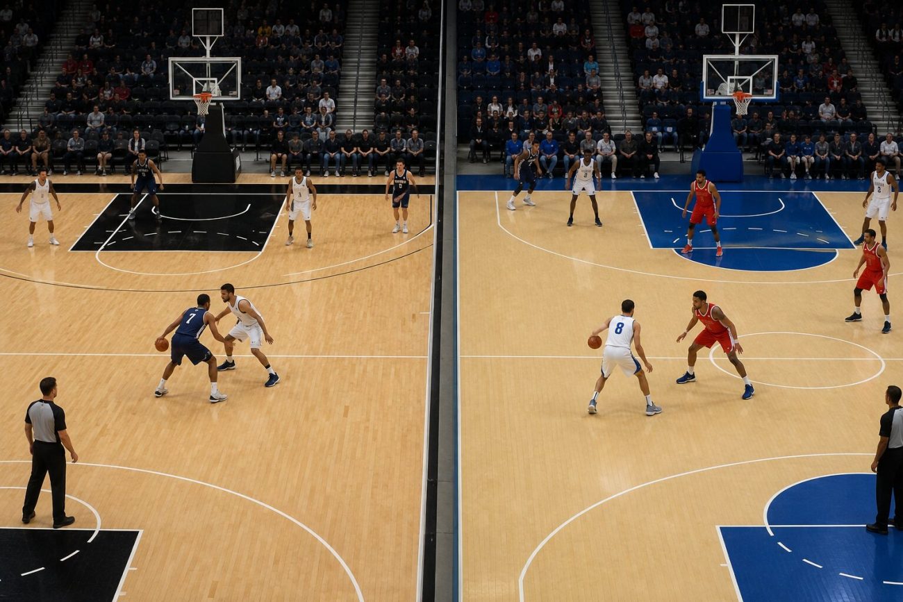 Two basketball courts illustrating NBA and FIBA rule differences
