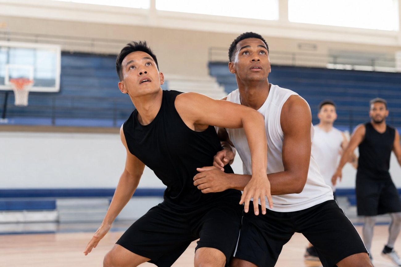 A player boxing out and securing a basketball rebound