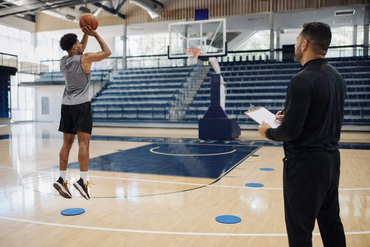 A player practicing a structured basketball shooting workout