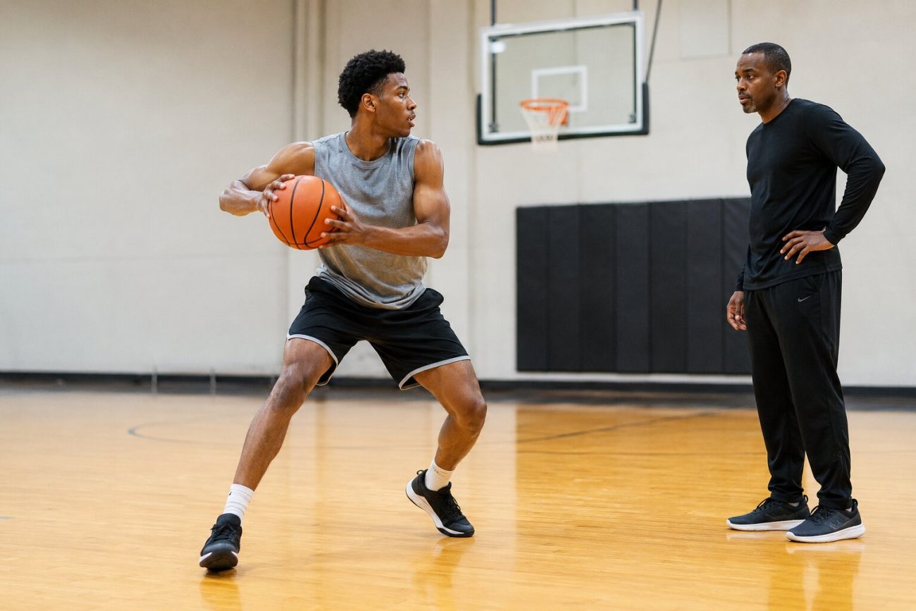 A basketball player demonstrating a legal pivot and gather step
