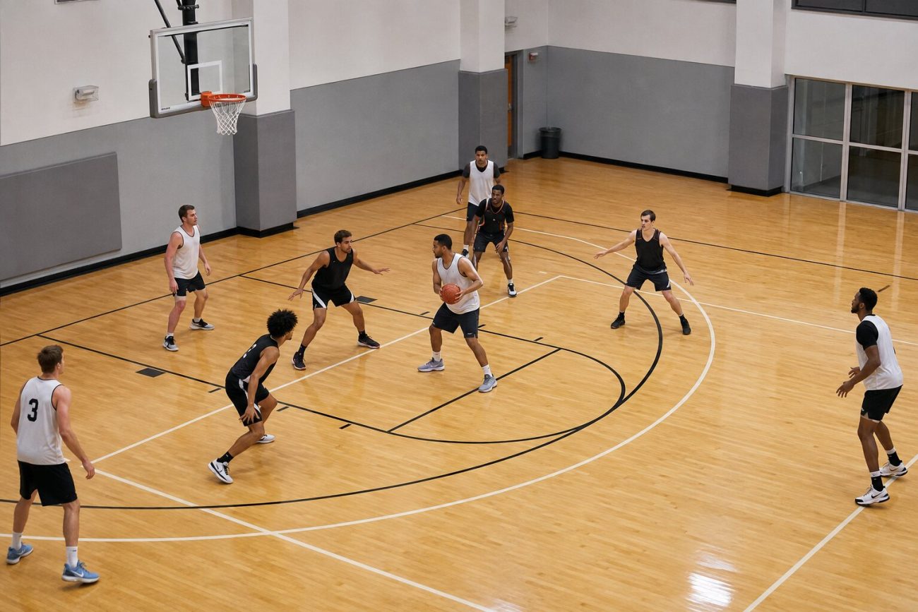 Players using spacing and the high post to attack a zone defense